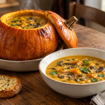 Суп, який готує сам себе: запікаємо в гарбузі з грибами, вершками та сиром